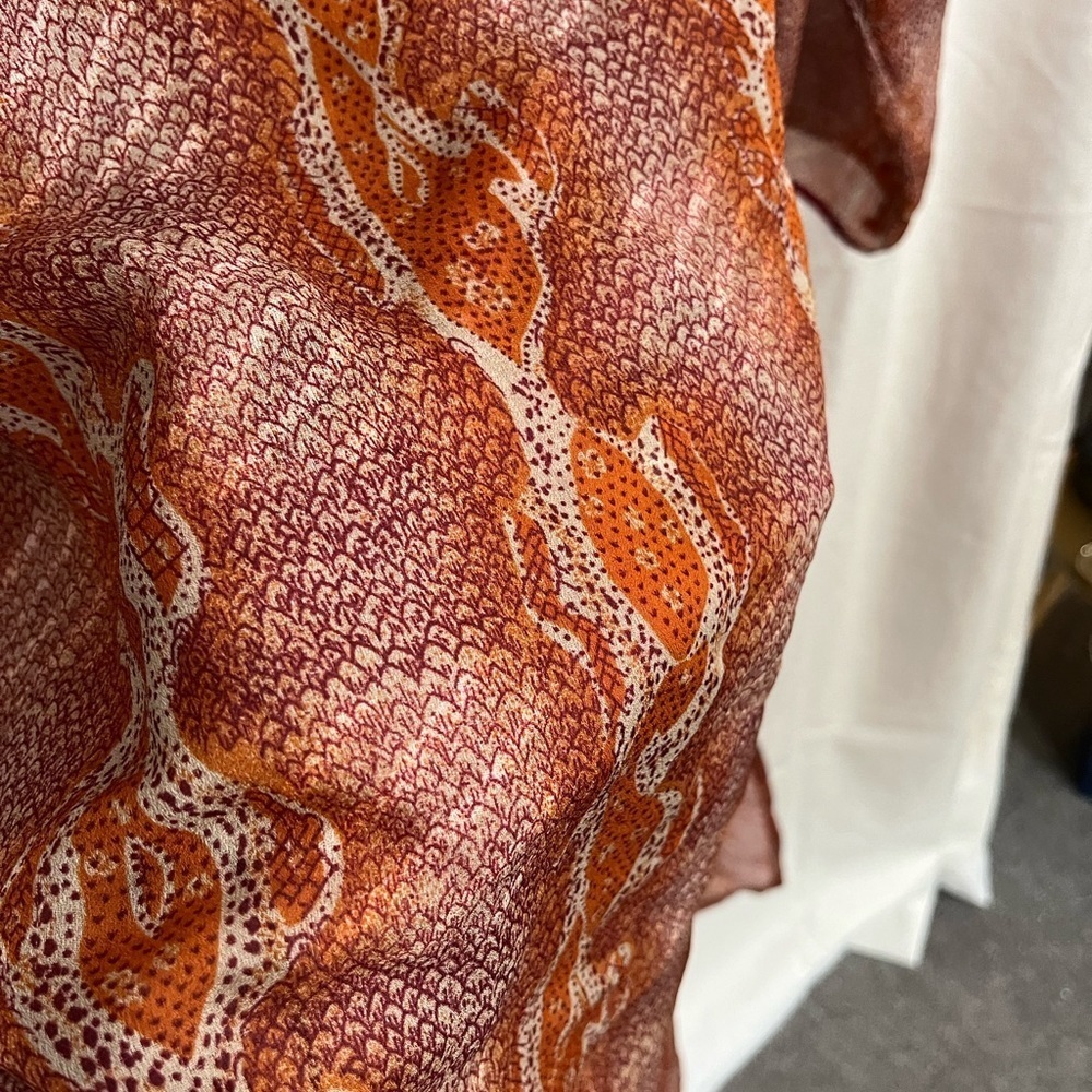 5/$45 Vintage 70s Long Semi Sheer Orange Snakeskin Kaftan by La Nuit - Picture 6 of 14